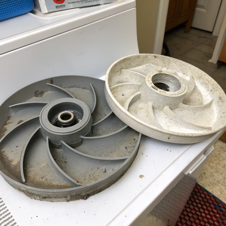 Gray impeller disc half coated in scum and half wiped clean