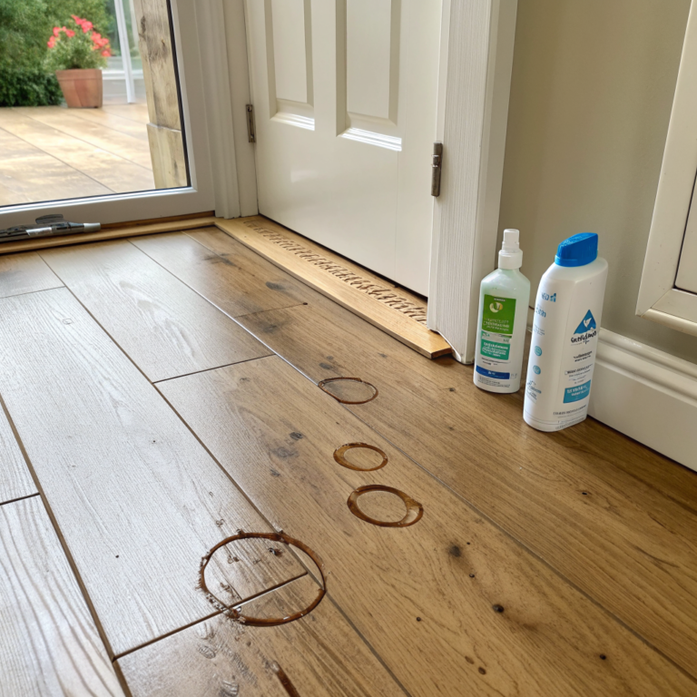Light oak hardwood floor with dark water stain rings near doorway