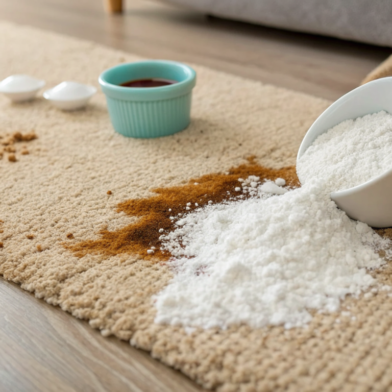 Beige carpet stain with baking soda powder sprinkled across the fibers