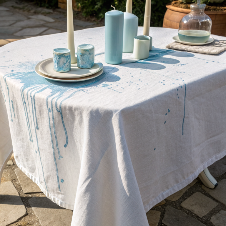 XGdqkyjw j8PvTVKtRdHq MOr68FeB Dried blue candle wax drips across a white cotton tablecloth