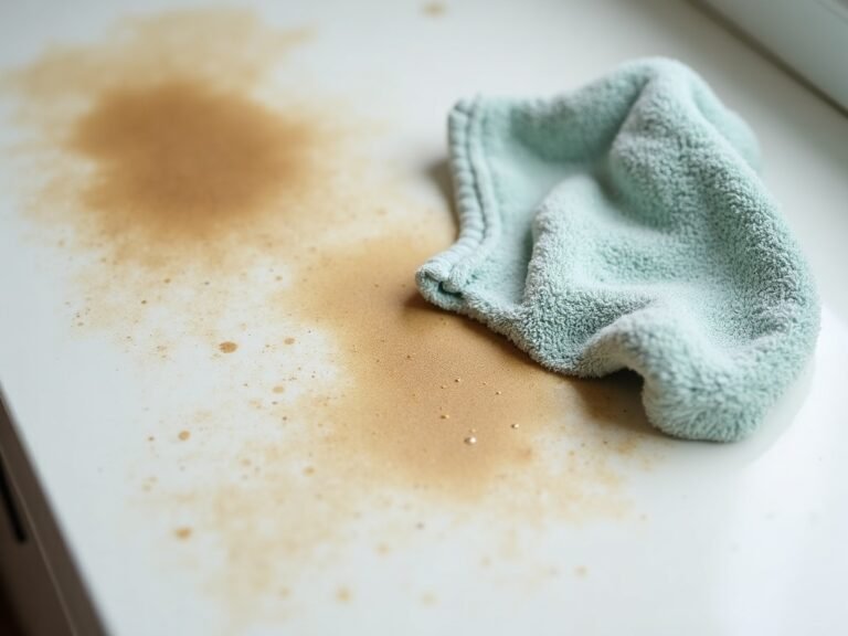 Bottle of dish soap and toothbrush next to a stained garment