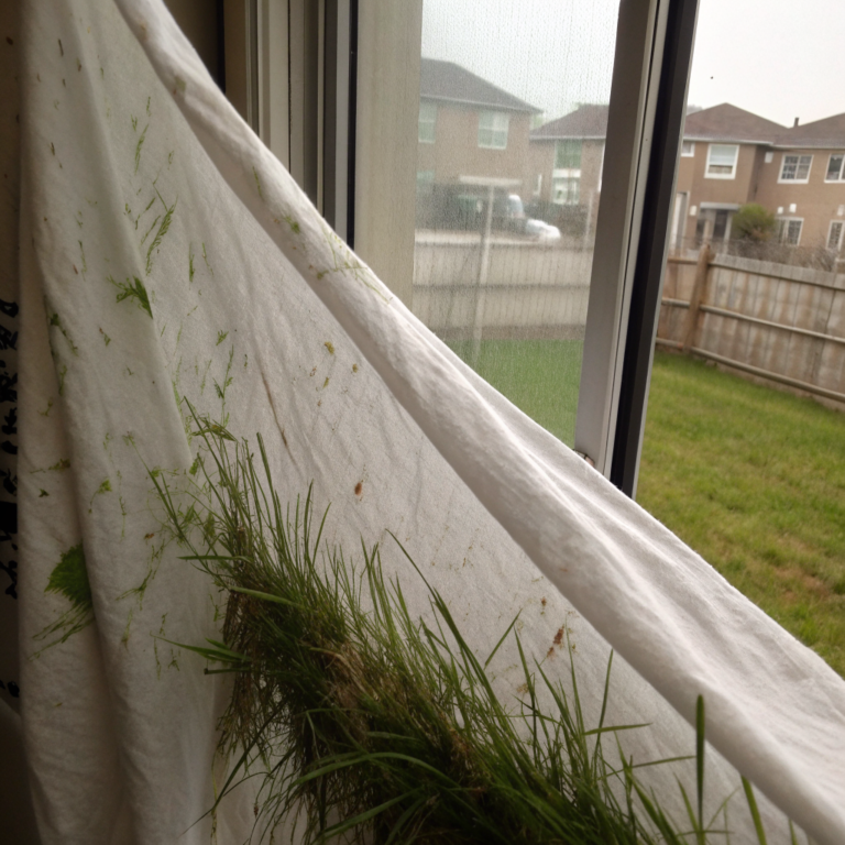 Grass stained knee of fabric being scrubbed with a toothbrush