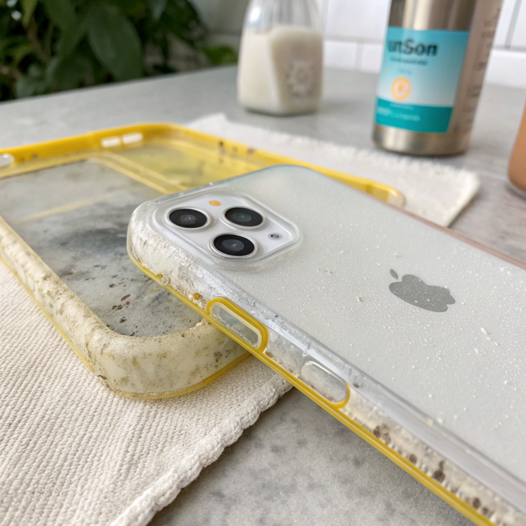 bqAkKhELGF9Z2TAWjZba6 3wJw5RUx Clear silicone phone case with yellowed edges and grimy button cutouts