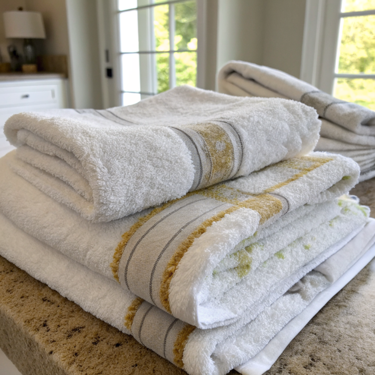 Pile of white cotton bath towels with dull grey yellow tint