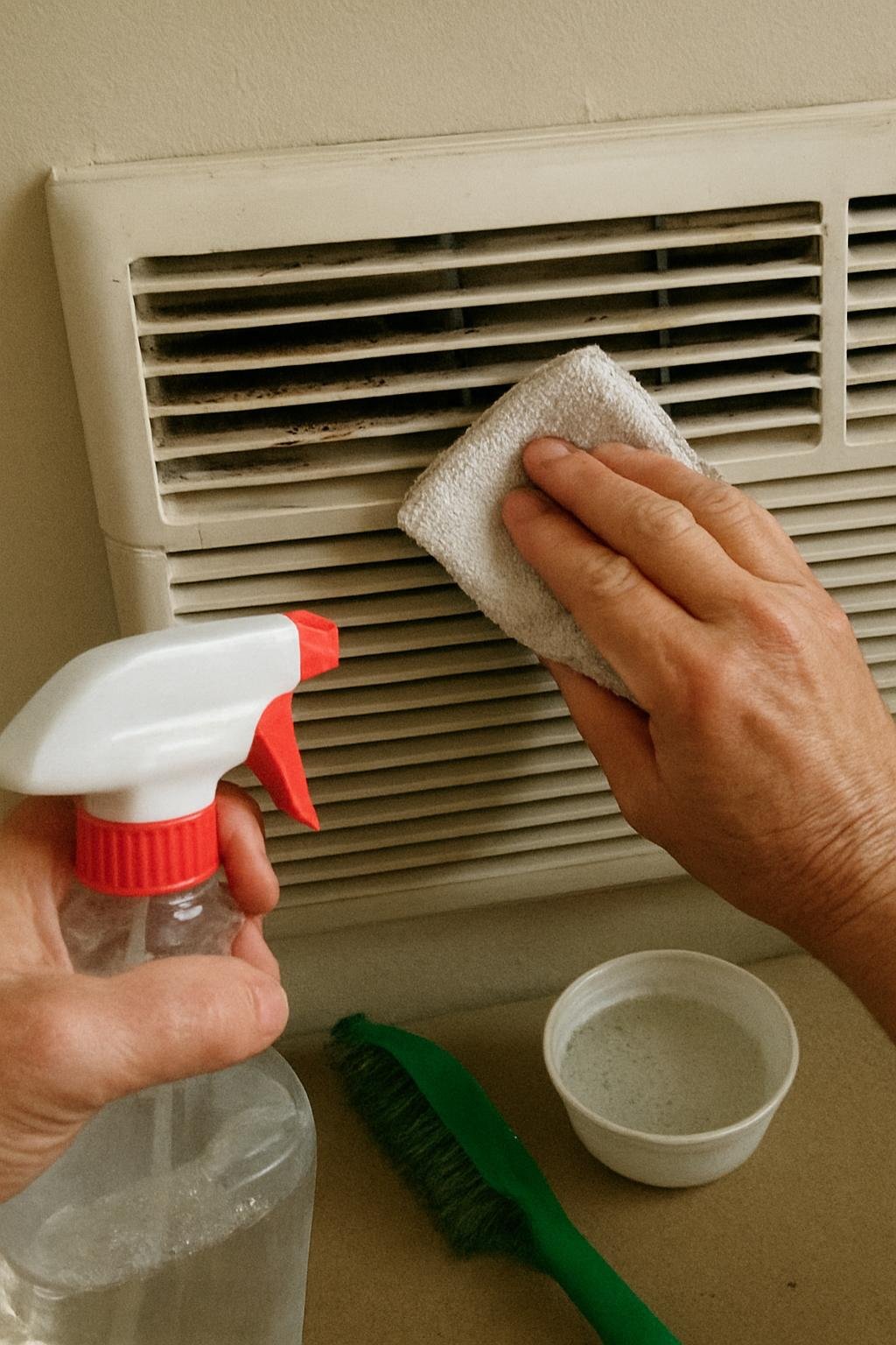 Close-up household cleaning method for how to clean mold from air conditioner vents; best way to clean mold from air conditioner vents; clean mold from air conditioner vents without damage; safe cleaner for mold from air conditioner vents; mold from air conditioner vents cleaning mistakes; how often to clean mold from air conditioner vents