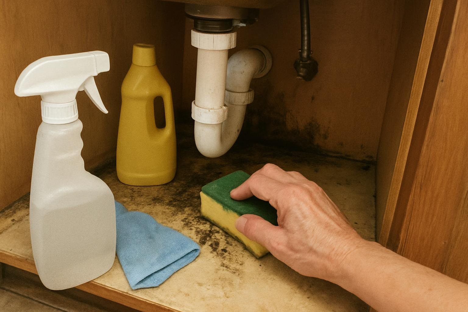Close-up household cleaning method for how to clean mold under the kitchen sink; best way to clean mold under the kitchen sink; clean mold under the kitchen sink without damage; safe cleaner for mold under the kitchen sink; mold under the kitchen sink cleaning mistakes; how often to clean mold under the kitchen sink