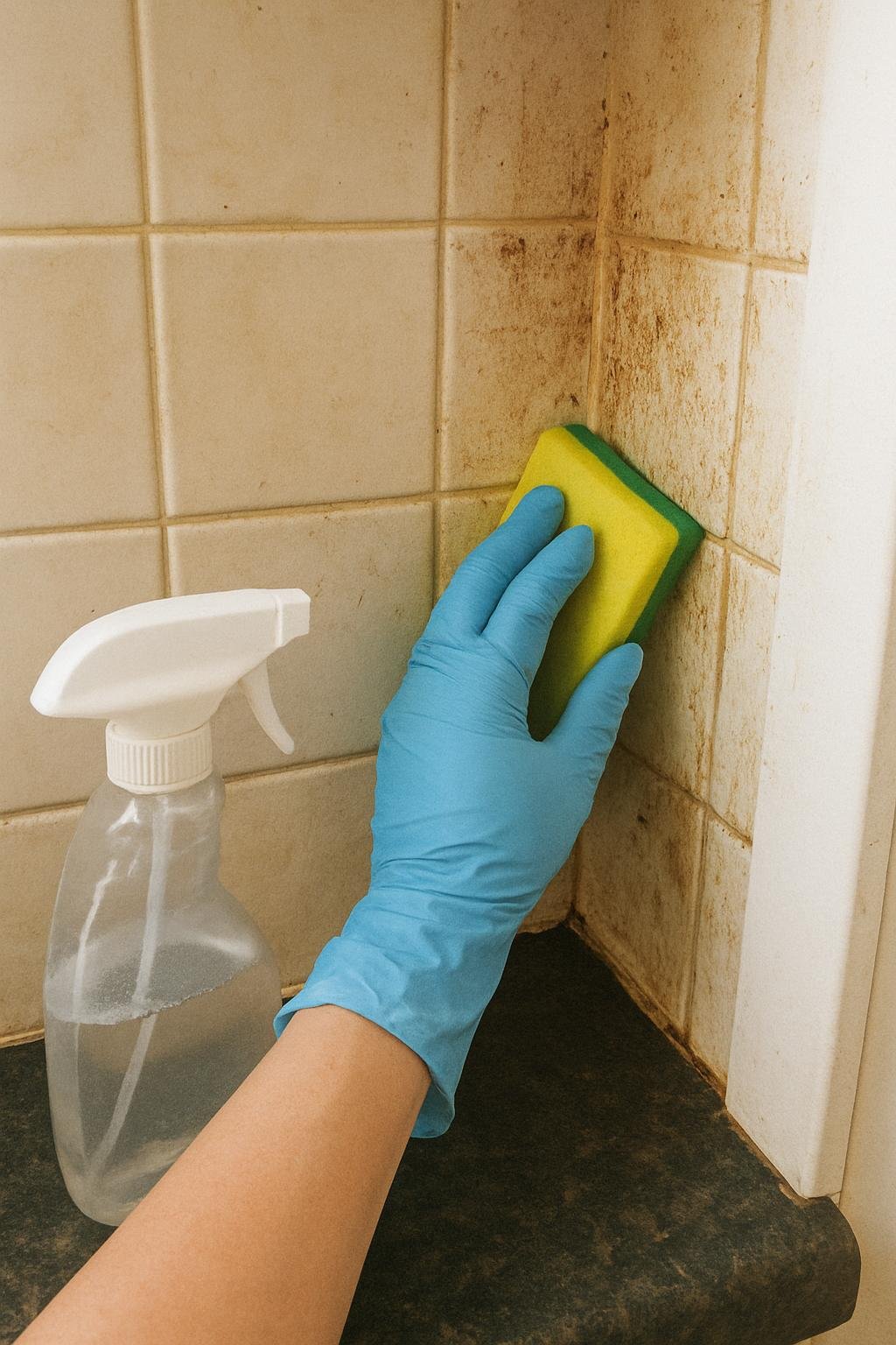 Close-up of cleaninghow to remove grease from kitchen walls 