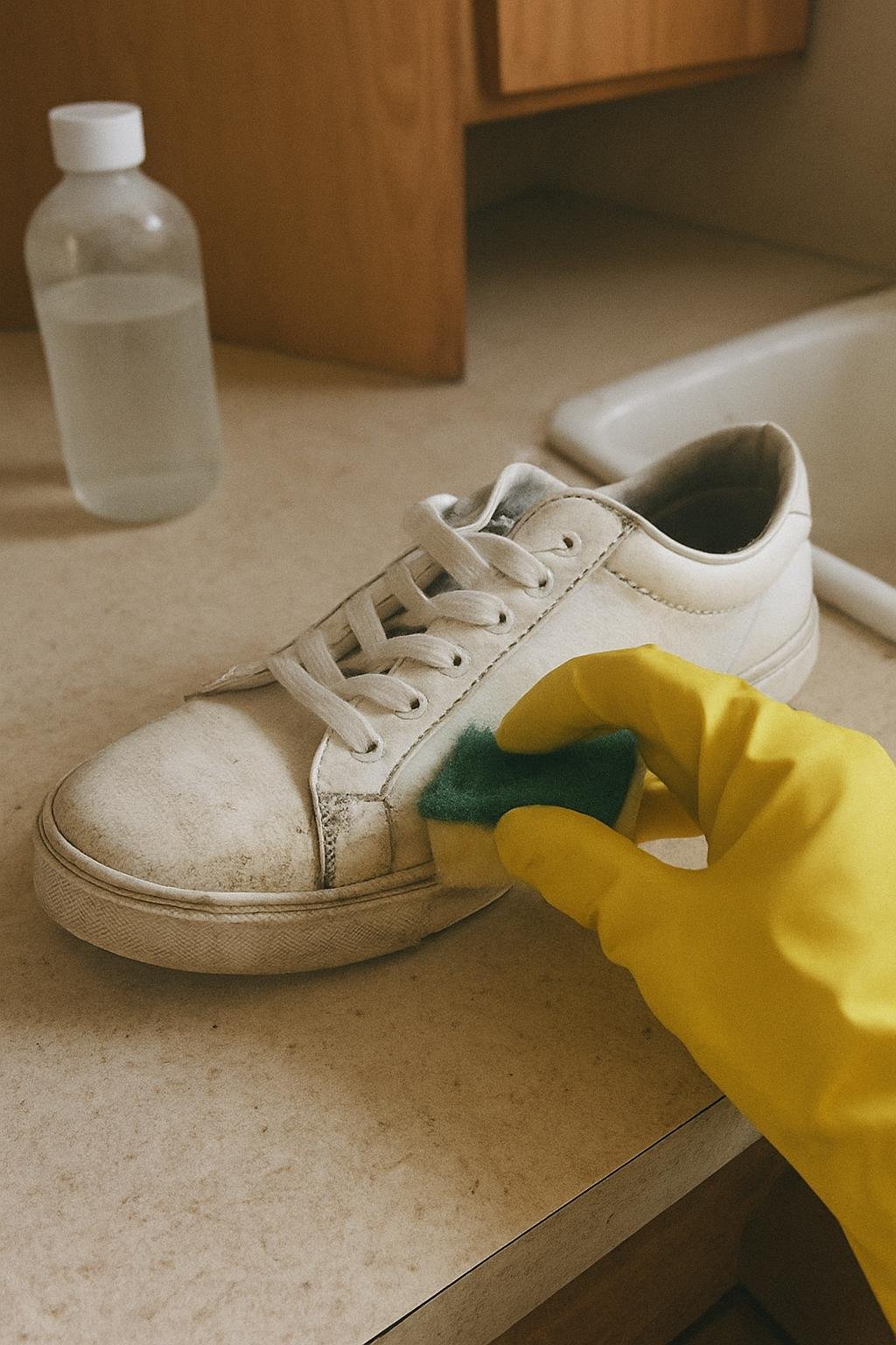 Close-up of cleaninghow to clean white sneakers without washing machine 
