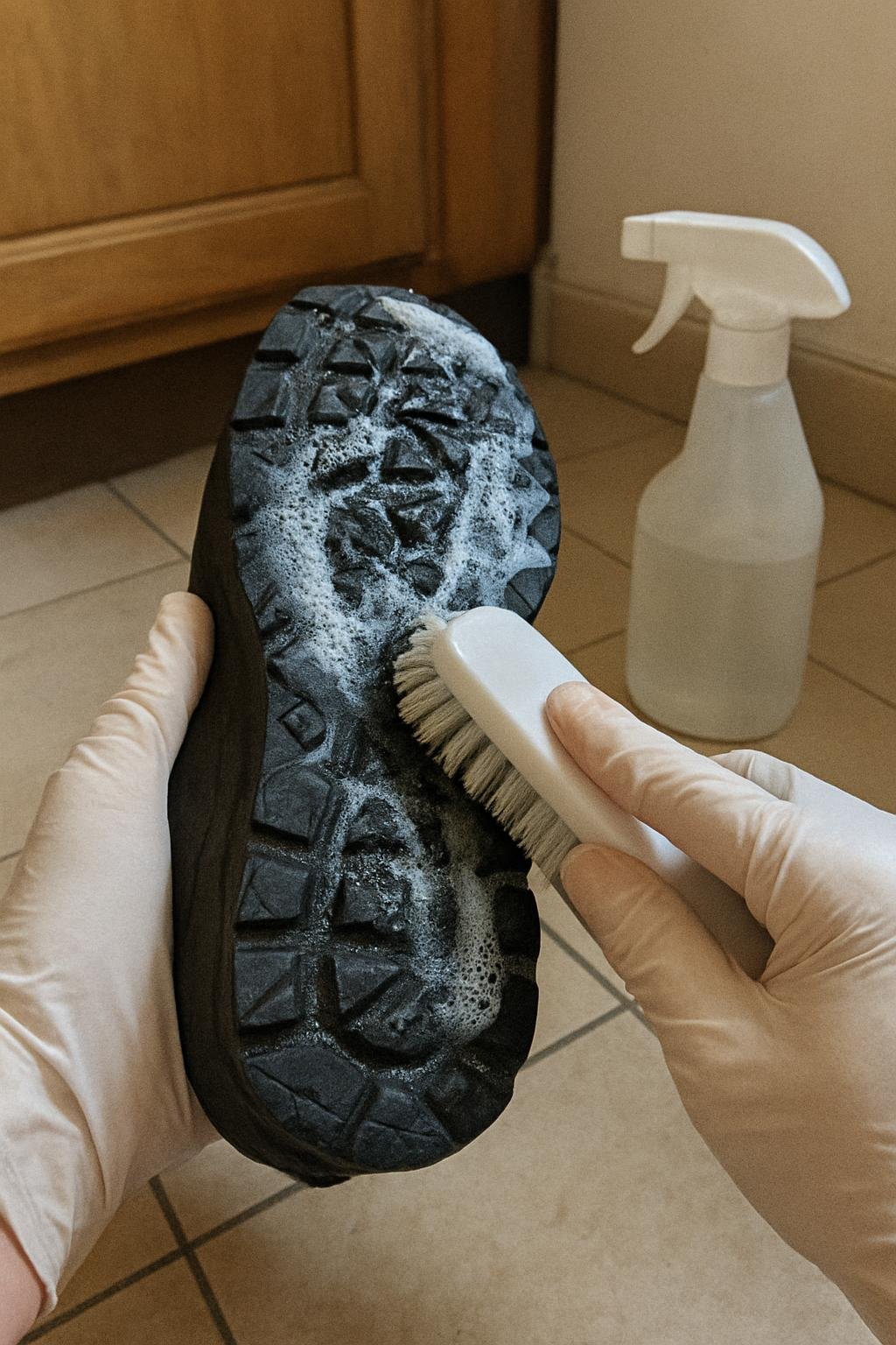 Close-up of cleaninghow to clean rubber shoe soles without yellowing 
