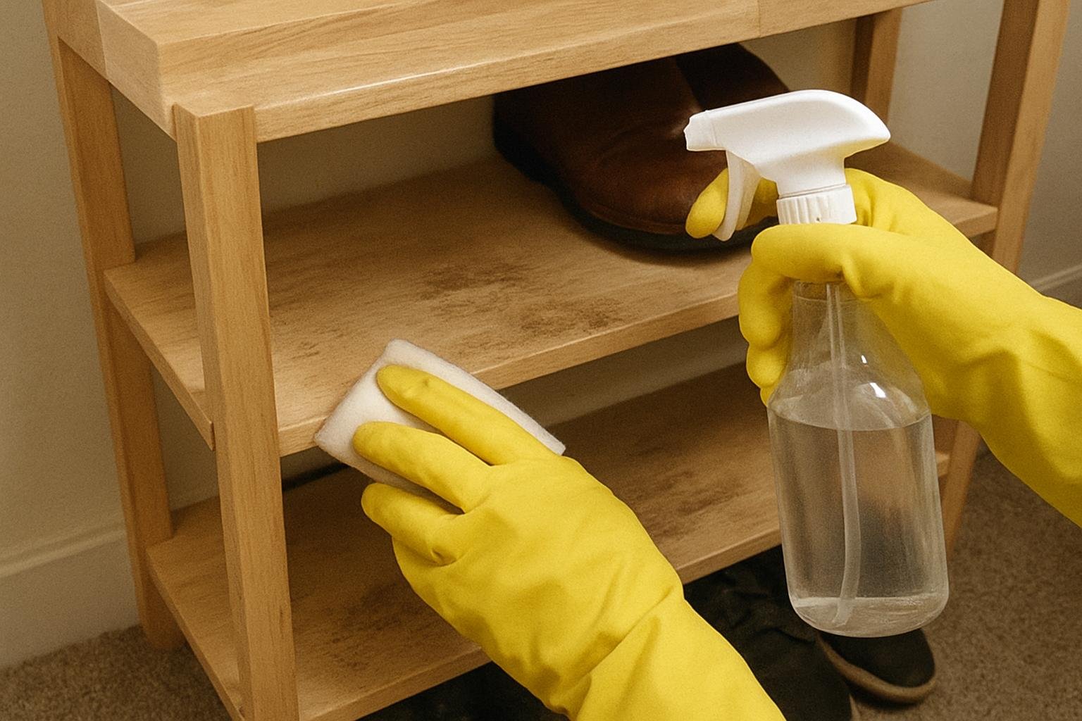Close-up of cleaninghow to remove odor from a shoe rack 
