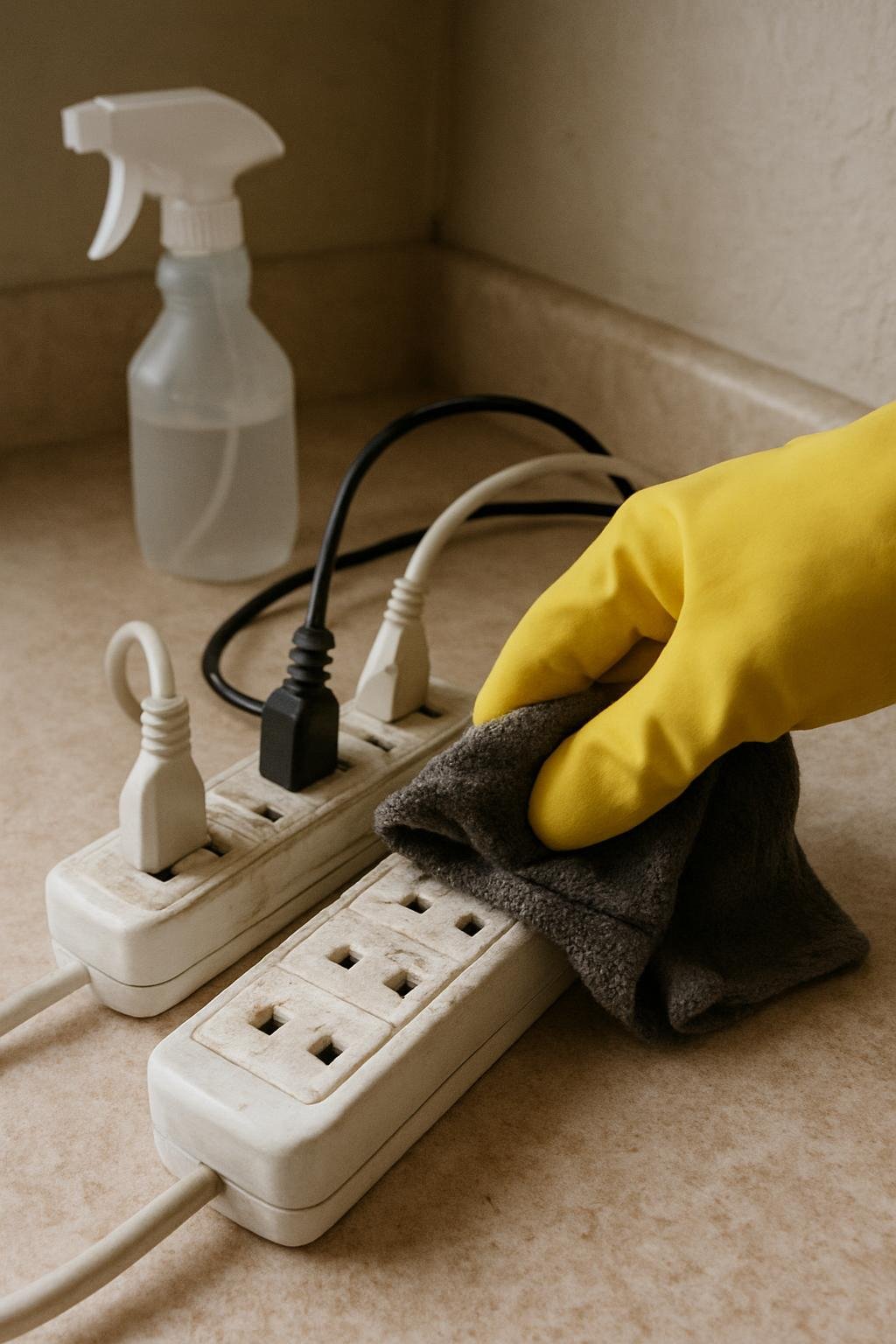 Close-up of cleaninghow to clean cables and power strips safely 