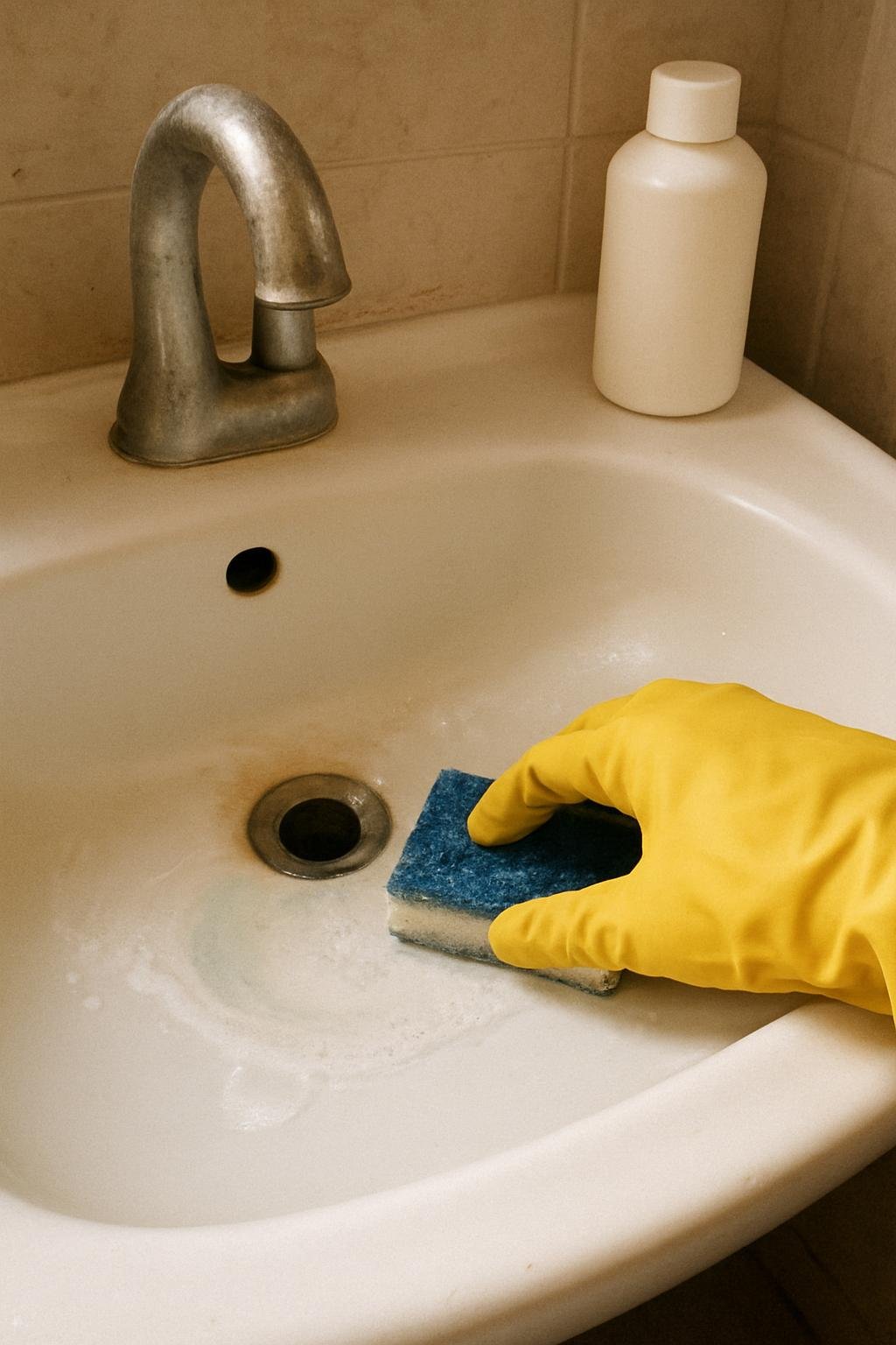 Close-up of cleaninghow to remove toothpaste stains from bathroom sink 