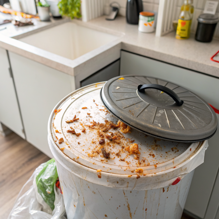 Trash can lid with dried orange and brown food splatter stains