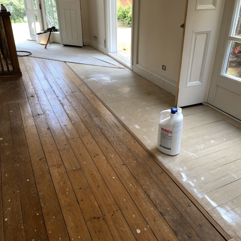 Hardwood floor boards half dusty and half cleaner with visible sheen