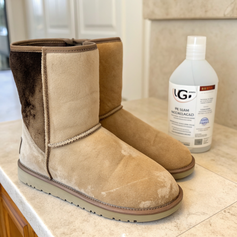 Tan suede UGG boot with one side stained and one side brushed clean