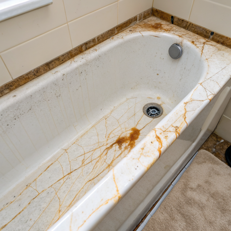 fe6PIC7Kghq91KqPV pM 7SbHvy6y White bathtub with orange mineral streaks and soap scum near drain