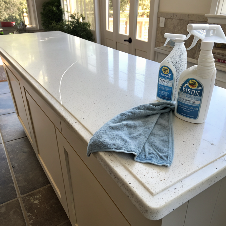 Kitchen counter half dusty half wiped clean with a cloth nearby
