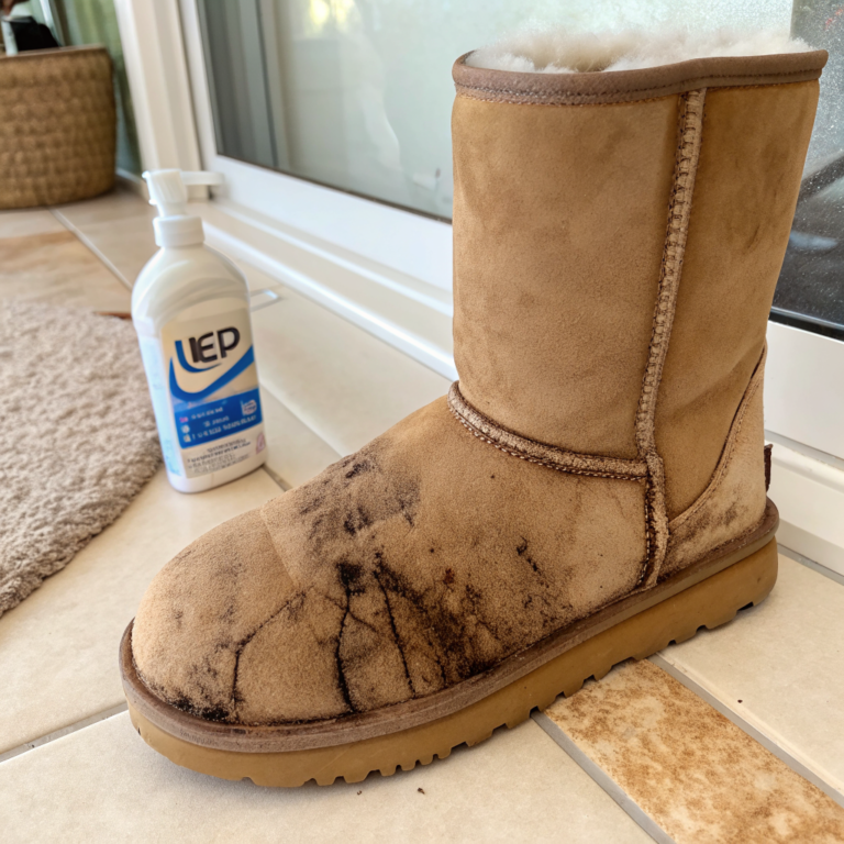 Tan suede UGG boot with dark blotchy water stains on the front