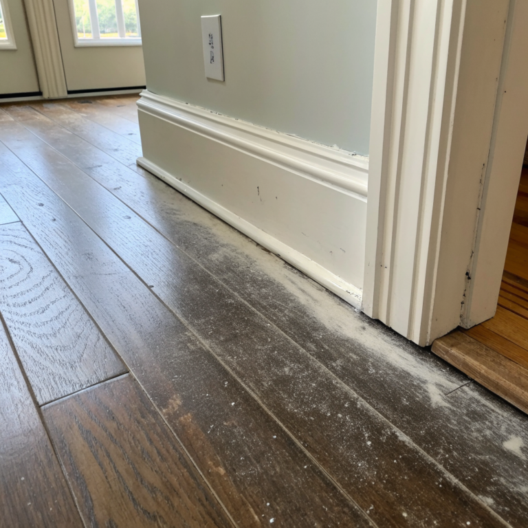 Dull hardwood floor with grayish streaky residue near baseboard