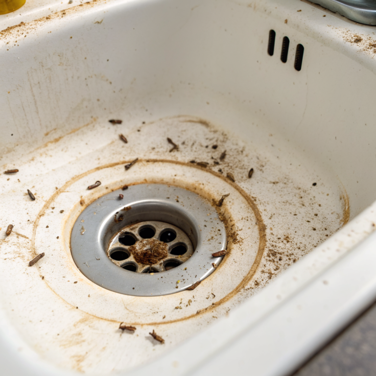Kitchen sink drain rim with brown grime and small gnats near the opening
