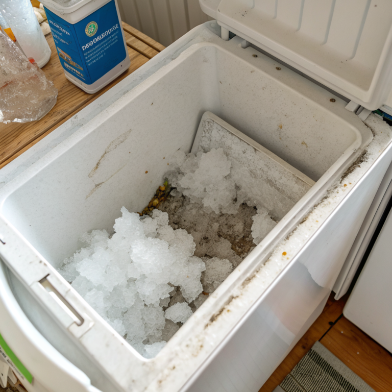 nNzGudJ5zcK3HUaFOE9 H OyZsH56c Freezer ice maker bin with white mineral buildup and clumped grayish ice