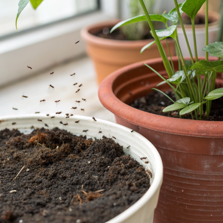 Small gnats hovering over dark moist potting soil in plant pot