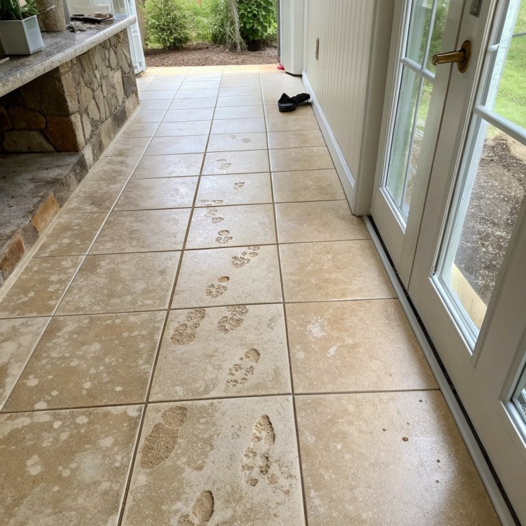 ogjU48FBuYZKxOrug3q2o ShsTyQ6K Tile floor partly cleaned, dusty footprints on one side and damp clean tile beside it