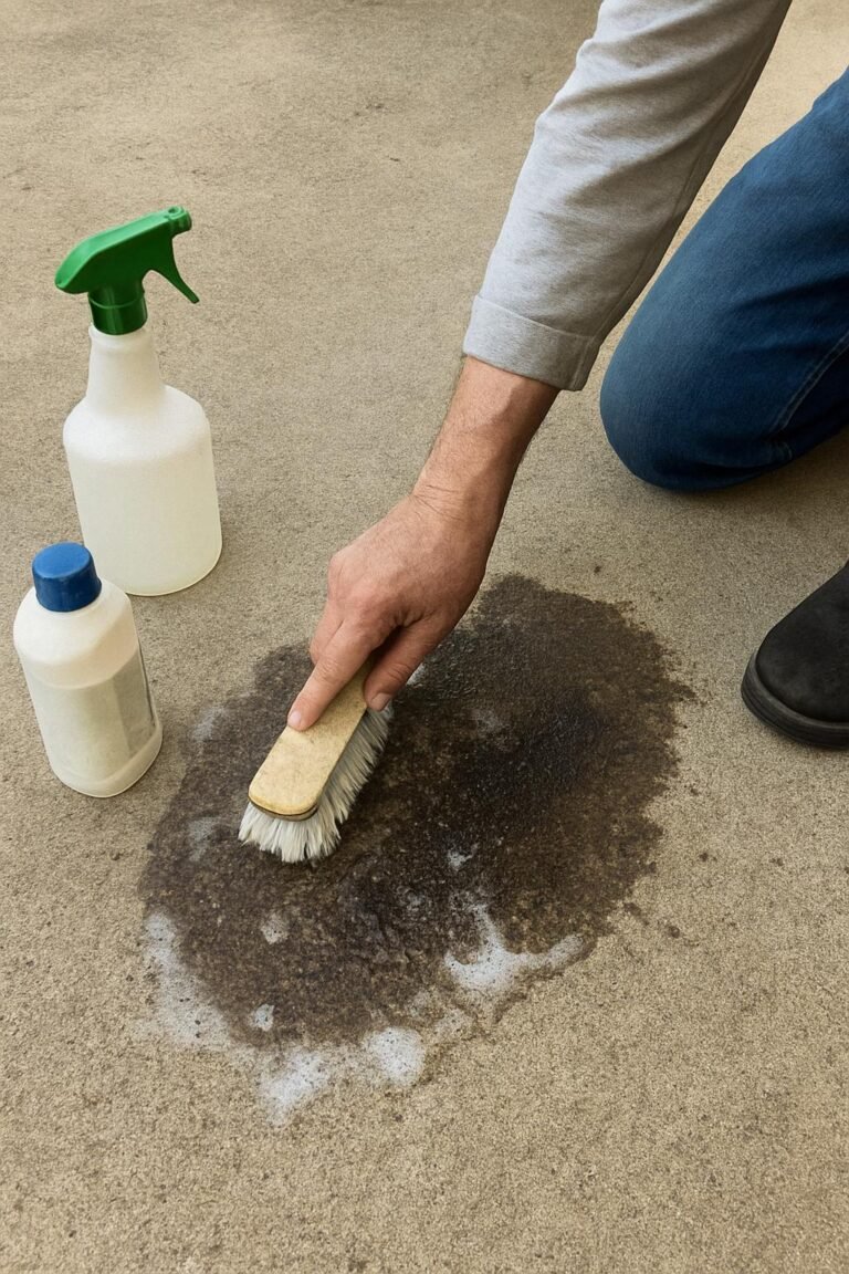 Real household cleaning scene for how to remove oil stains from a concrete driveway; best way to remove oil stains from a concrete driveway; remove oil stains from a concrete driveway without damage; safe cleaner for oil stains from a concrete driveway; how to prevent oil stains from a concrete driveway; oil stains from a concrete driveway cleaning mistakes