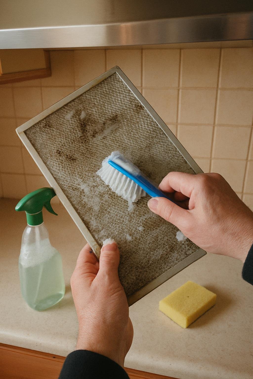 Real household cleaning scene for how to clean a range hood filter; best way to clean a range hood filter; clean a range hood filter without damage; safe cleaner for a range hood filter; a range hood filter cleaning mistakes; how often to clean a range hood filter