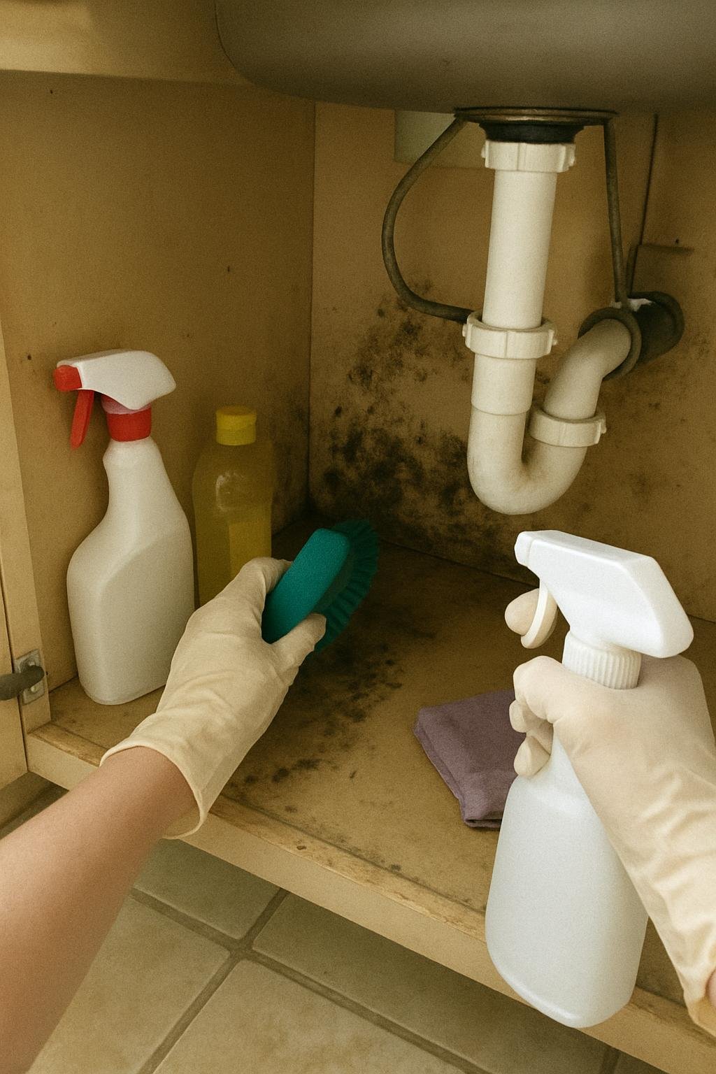 Real household cleaning scene for how to clean mold under the kitchen sink; best way to clean mold under the kitchen sink; clean mold under the kitchen sink without damage; safe cleaner for mold under the kitchen sink; mold under the kitchen sink cleaning mistakes; how often to clean mold under the kitchen sink