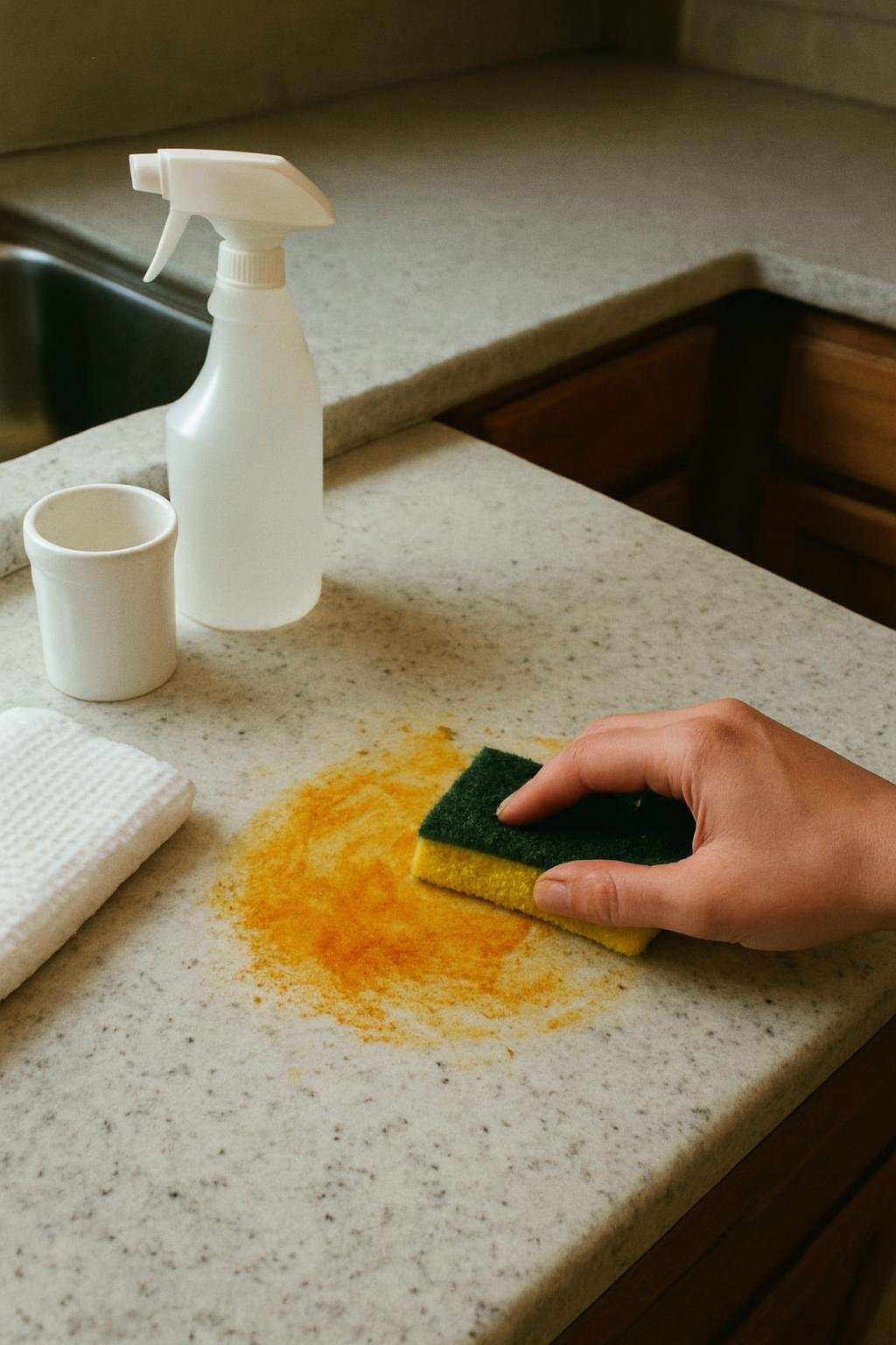 Real household cleaning scene for how to remove turmeric stains from countertops; best way to remove turmeric stains from countertops; remove turmeric stains from countertops without damage; safe cleaner for turmeric stains from countertops; how to prevent turmeric stains from countertops; turmeric stains from countertops cleaning mistakes