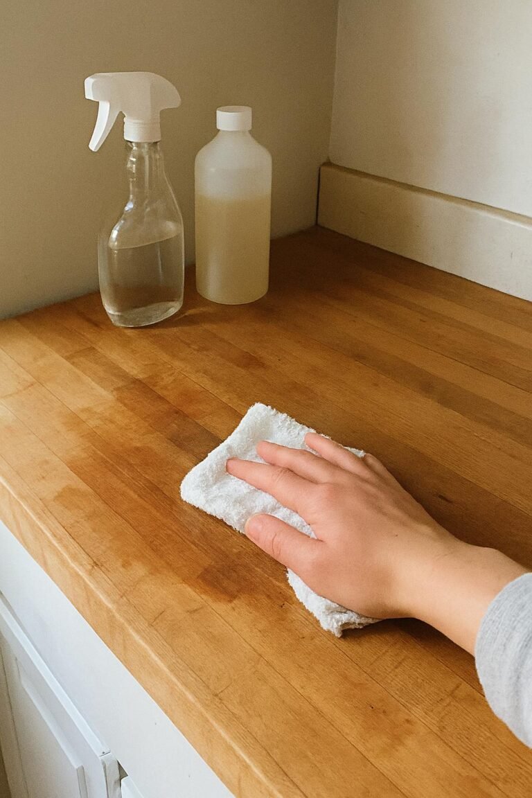 Real household cleaning scene for how to clean butcher block countertops safely; best way to clean butcher block countertops safely; clean butcher block countertops safely without damage; safe cleaner for butcher block countertops safely; butcher block countertops safely cleaning mistakes; how often to clean butcher block countertops safely