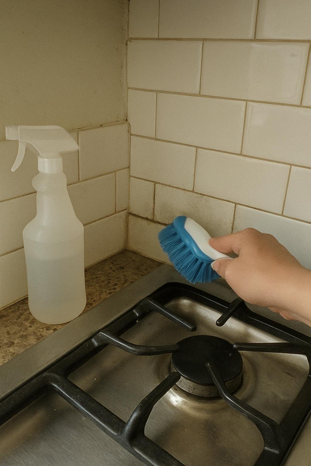 output1 141 Household cleaning setup for how to clean backsplash grout behind stove