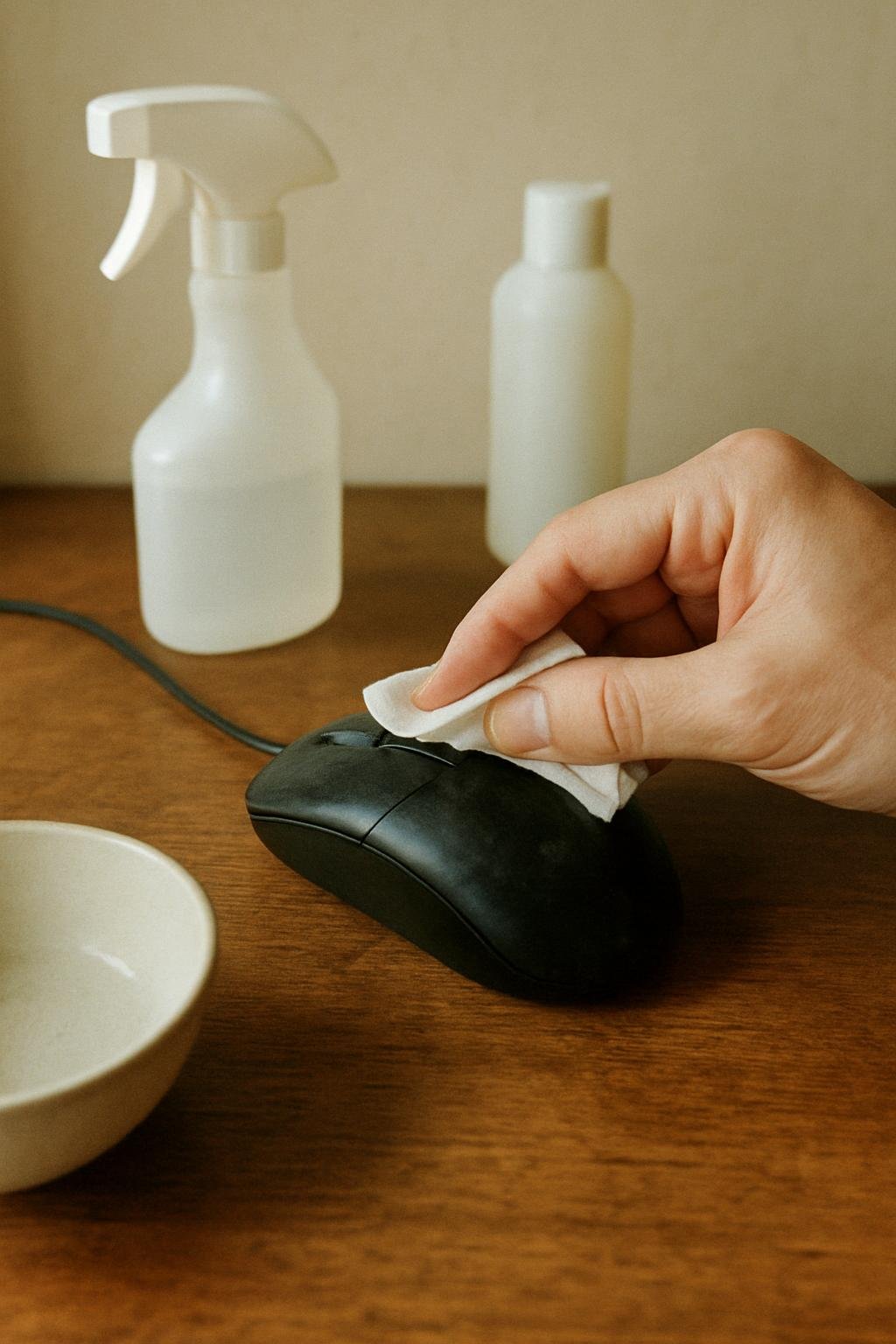 Real household cleaning scene for how to clean a computer mouse; best way to clean a computer mouse; clean a computer mouse without damage; safe cleaner for a computer mouse; a computer mouse cleaning mistakes; how often to clean a computer mouse