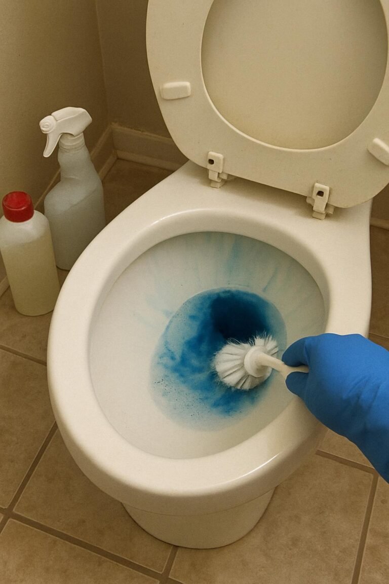 Real household cleaning scene for how to remove blue stains from toilet bowl; best way to remove blue stains from toilet bowl; remove blue stains from toilet bowl without damage; safe cleaner for blue stains from toilet bowl; how to prevent blue stains from toilet bowl; blue stains from toilet bowl cleaning mistakes