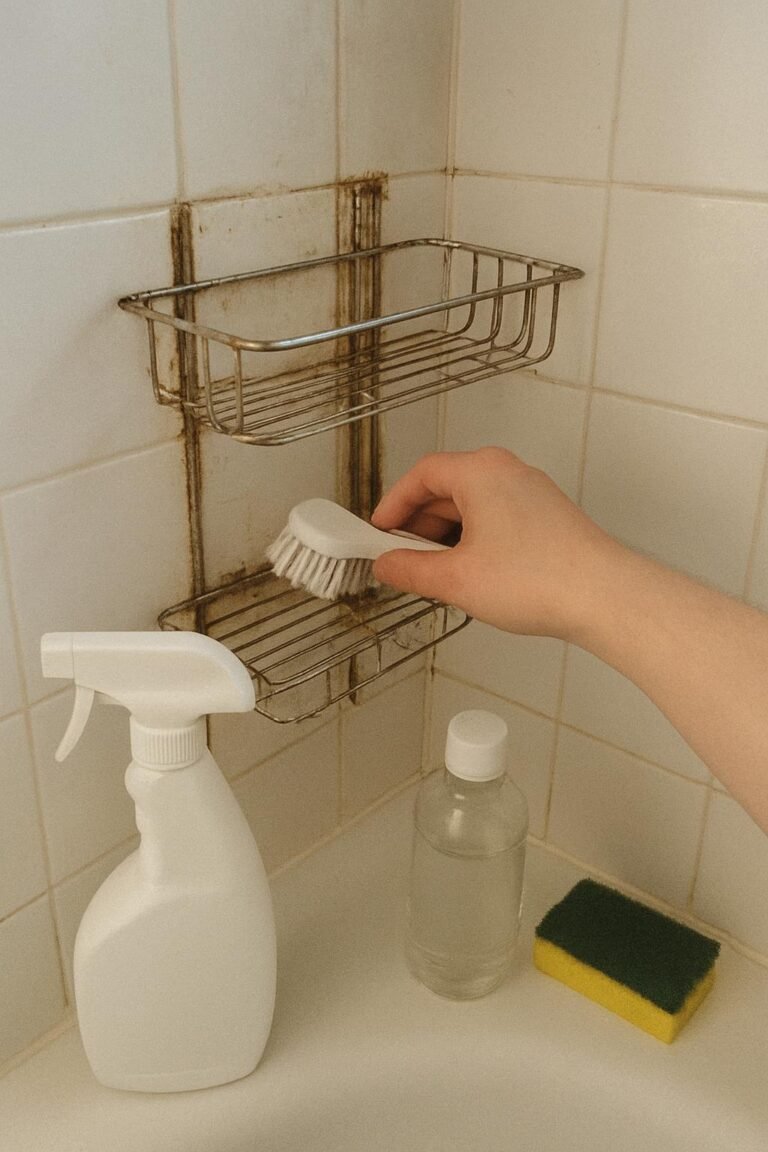 Real household cleaning scene for how to clean rust and soap scum from a shower caddy; best way to clean rust and soap scum from a shower caddy; clean rust and soap scum from a shower caddy without damage; safe cleaner for rust and soap scum from a shower caddy; rust and soap scum from a shower caddy cleaning mistakes; how often to clean rust and soap scum from a shower caddy