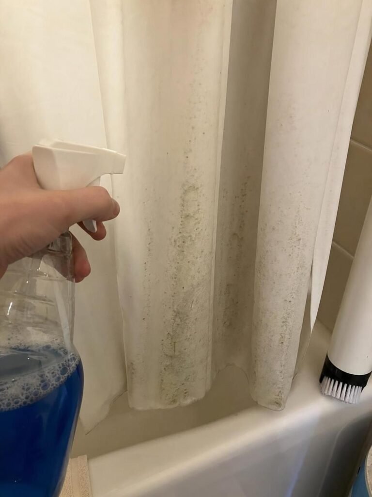Real household cleaning scene for how to remove mildew from a shower curtain; best way to remove mildew from a shower curtain; remove mildew from a shower curtain without damage; safe cleaner for mildew from a shower curtain; how to prevent mildew from a shower curtain; mildew from a shower curtain cleaning mistakes