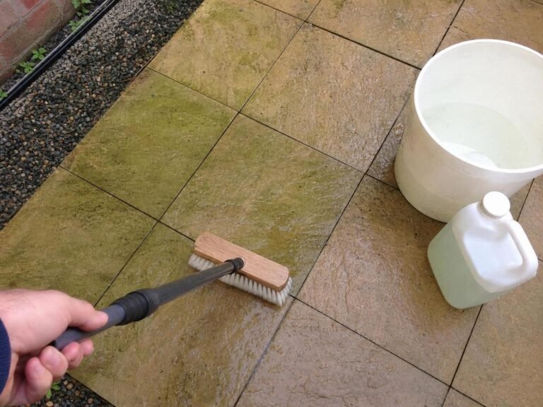 Real household cleaning scene for how to remove green algae from a patio; best way to remove green algae from a patio; remove green algae from a patio without damage; safe cleaner for green algae from a patio; how to prevent green algae from a patio; green algae from a patio cleaning mistakes