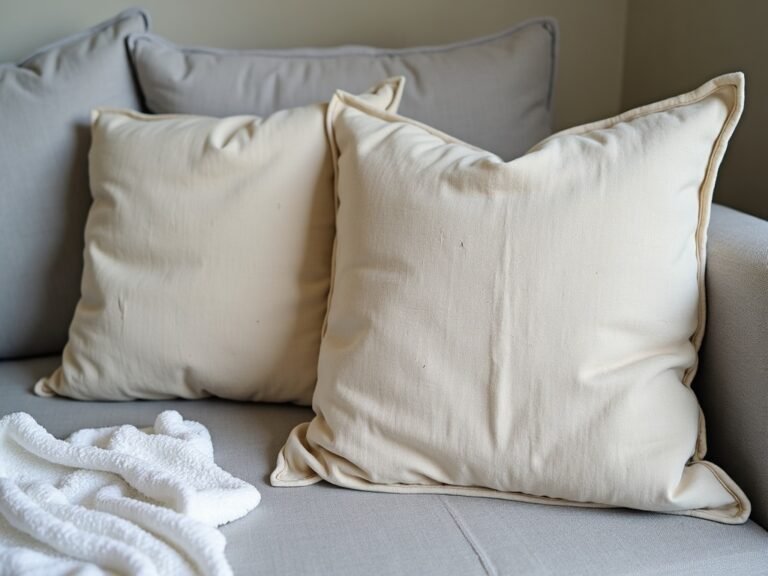 Feather pillow insert drying flat on a towel near sunlight