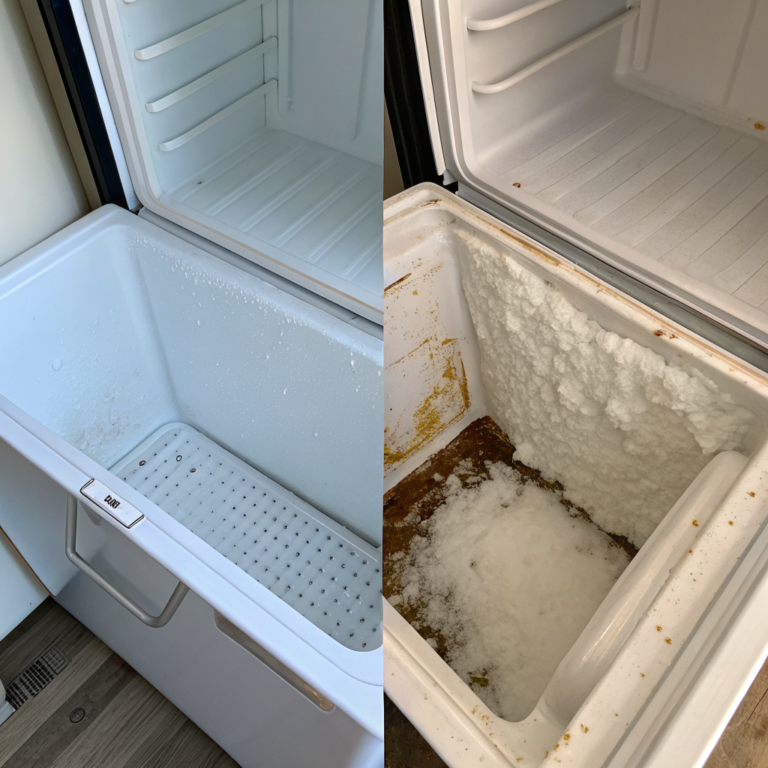 toy2m8f88AhnsTIgAF2GG irjUgVUO Ice maker bin partly cleaned with buildup on one side and clean surface beside it