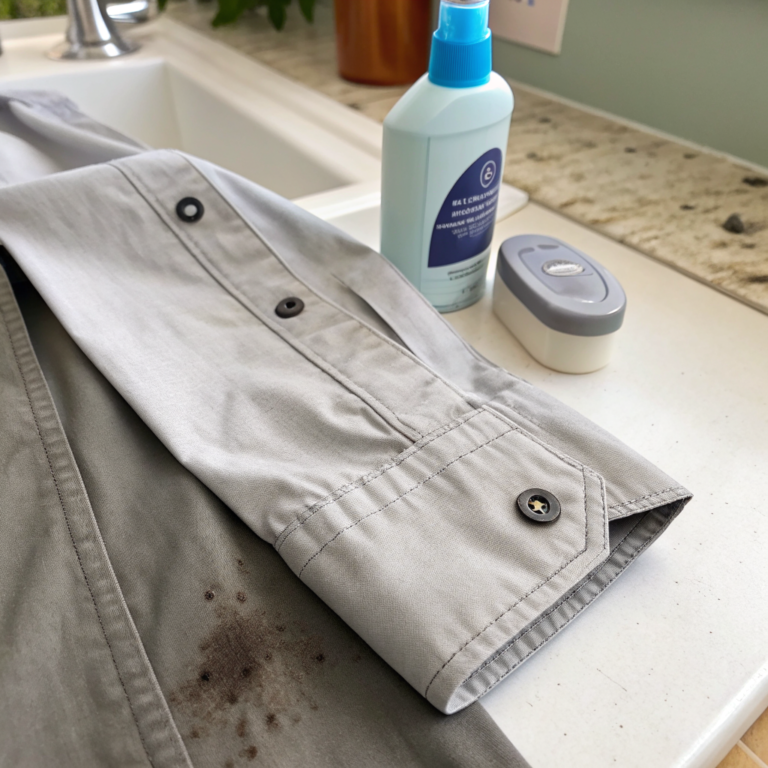Gray shirt cuff with a dark smear on one side and cleaner fabric nearby
