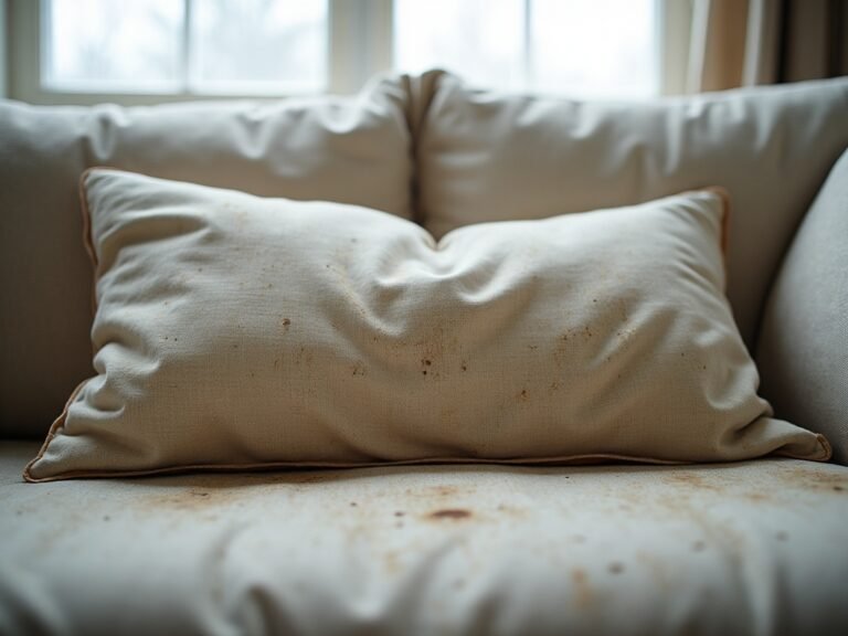 Couch pillow cover being removed from foam insert on a bed