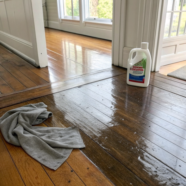 Hardwood floor boards partly cleaned with one section glossy and one section dull