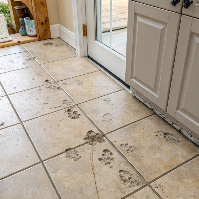 yz0ZTGDnnMIep6tYdsHb5 wgnTjIwE Beige tile floor with muddy footprints and dust near a baseboard edge
