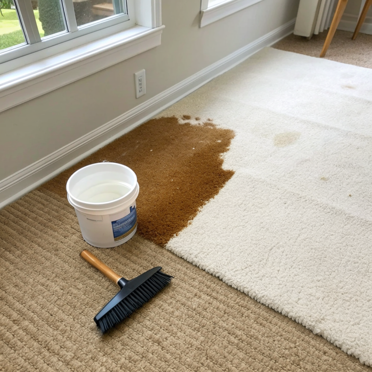 Carpet fibers half cleaned with a soft brush beside remaining stain residue